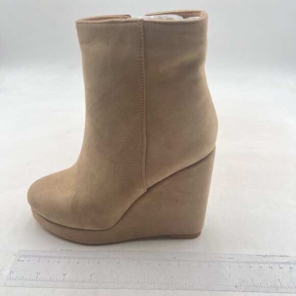 Shoes - Beige Platform Rounded Toe Ankle Boots Side Zipper High Heel Wedge Short Boot